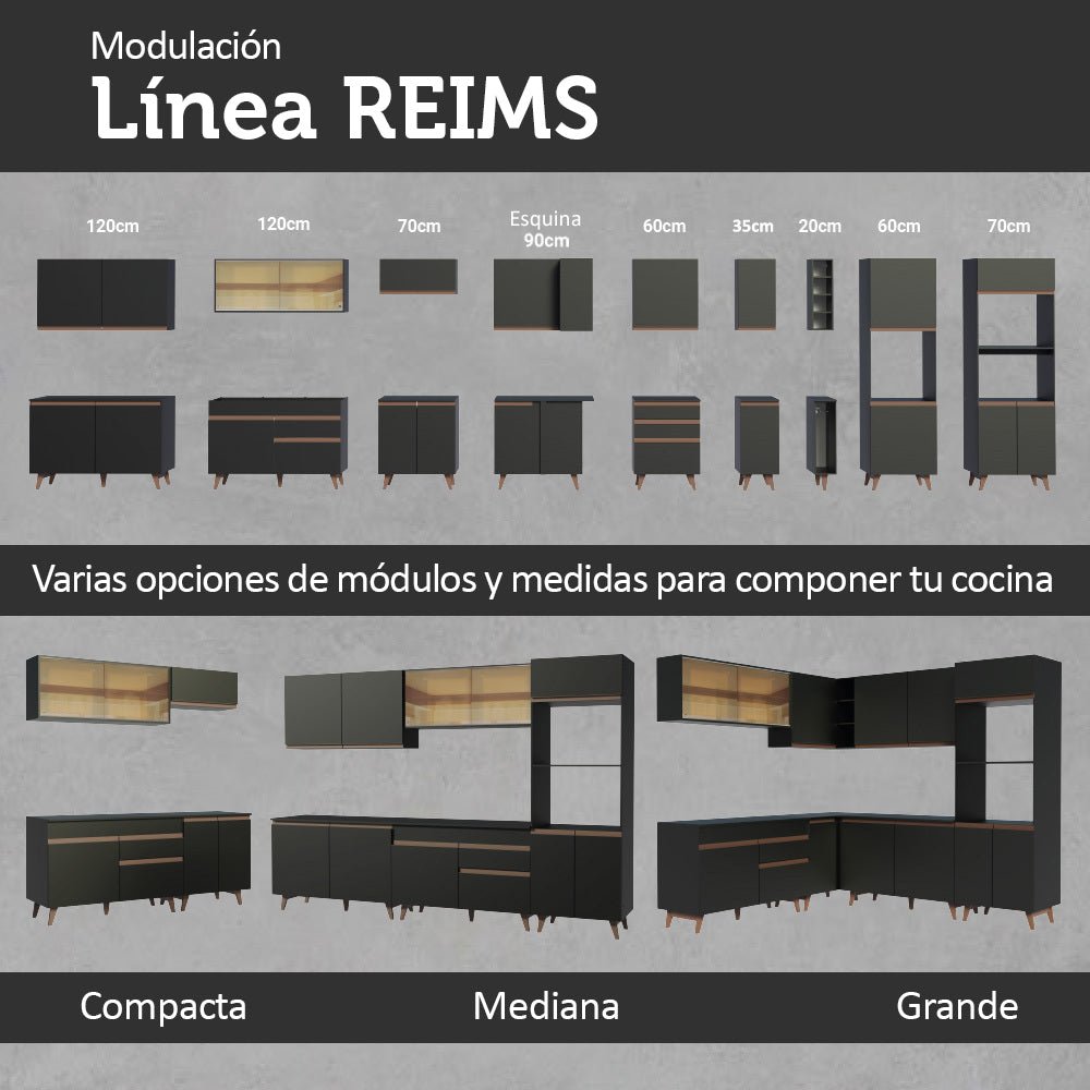 Cocina Integral Esquinero Modular Reims Negro 462x210cm con Mesón de Madera Aglomerada Mdp sin Estufa con Tres Cajones y con Veintidós Entrepaños - COCINAS | Bylmo