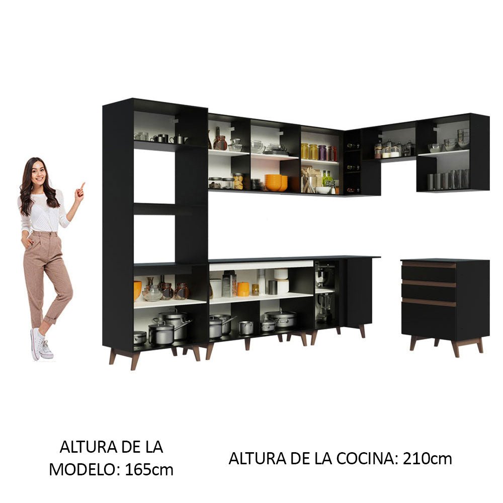 Cocina Integral Esquinero Modular Reims Negro 462x210cm con Mesón de Madera Aglomerada Mdp sin Estufa con Tres Cajones y con Veintidós Entrepaños - COCINAS | Bylmo