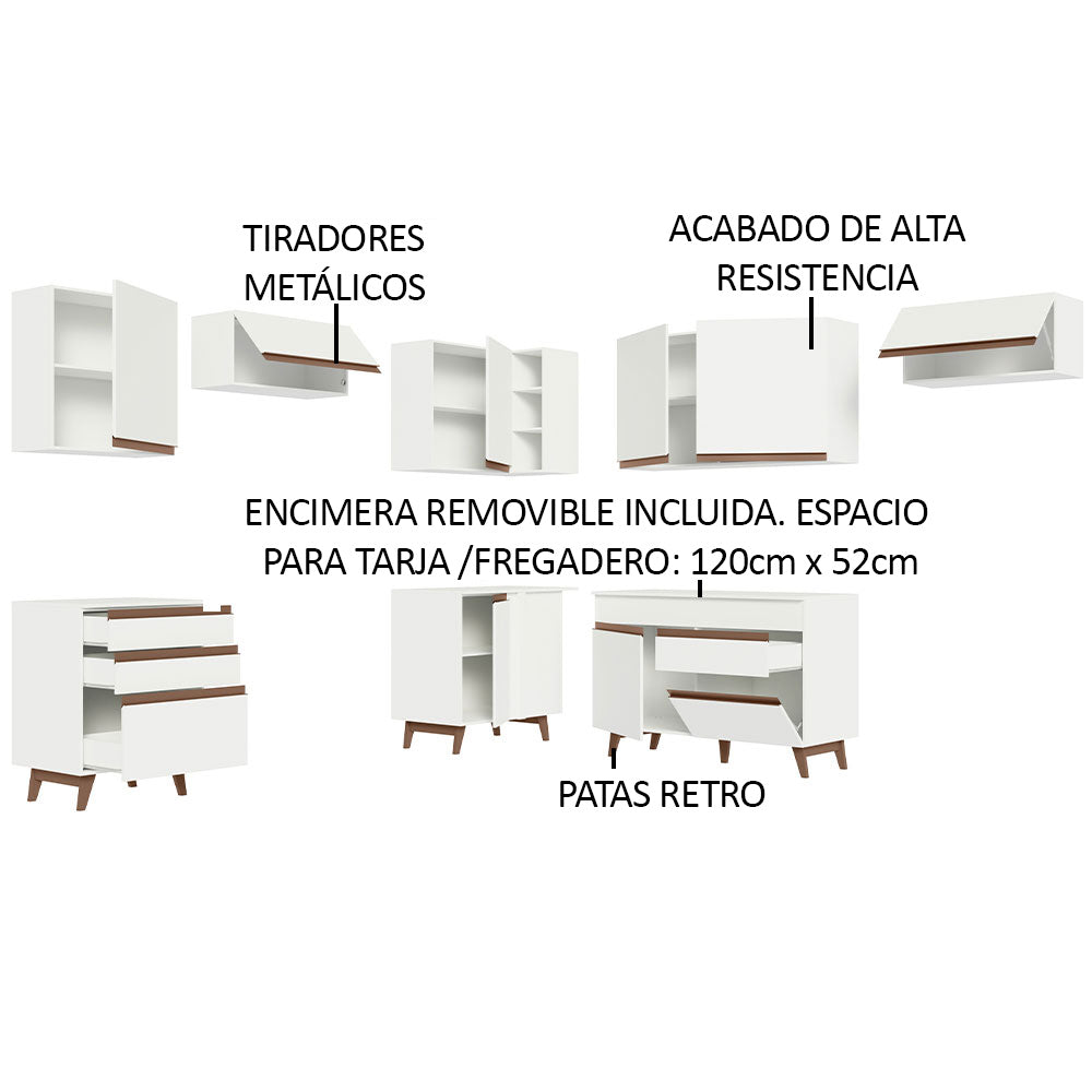 Cocina Integral Esquinero Modular Reims Blanco 462x210cm con Mesón de Madera Aglomerada Mdp sin Estufa con Cuatro Cajones y con Diecisiete Entrepaños - COCINAS | Bylmo