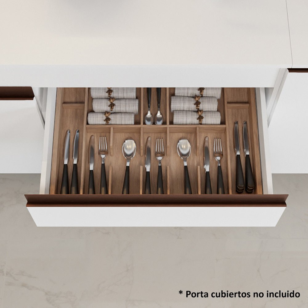 Cocina Integral Esquinero Modular Reims Blanco 512x210cm con Mesón de Madera Aglomerada Mdp sin Estufa con Cuatro Cajones y con Veintitrés Entrepaños - COCINAS | Bylmo