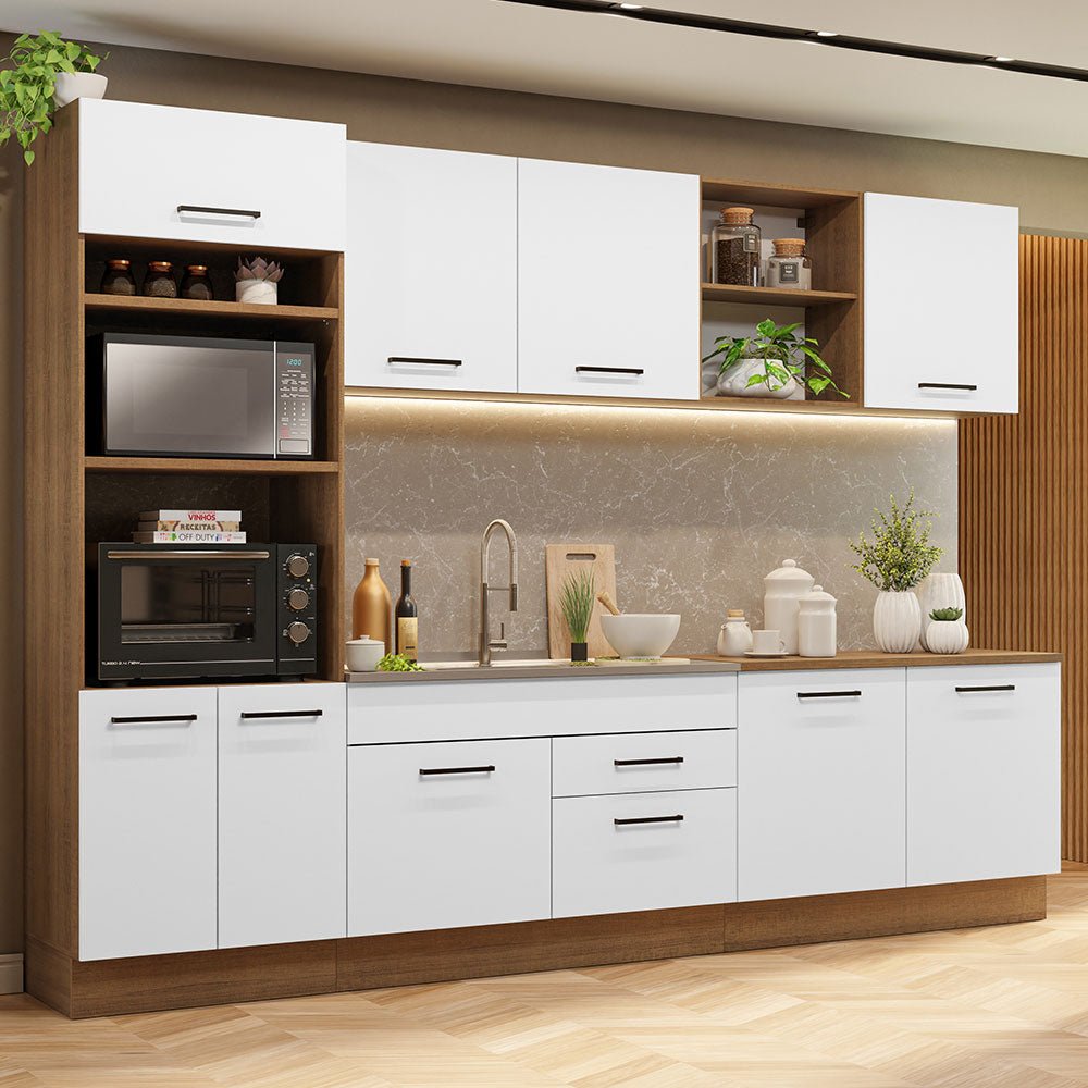 Cocina Integral Modular Agata Marron y Blanco 310x225cm sin Mesón sin Estufa con Dos Cajones y con Dieciocho Entrepaños - COCINAS | Bylmo