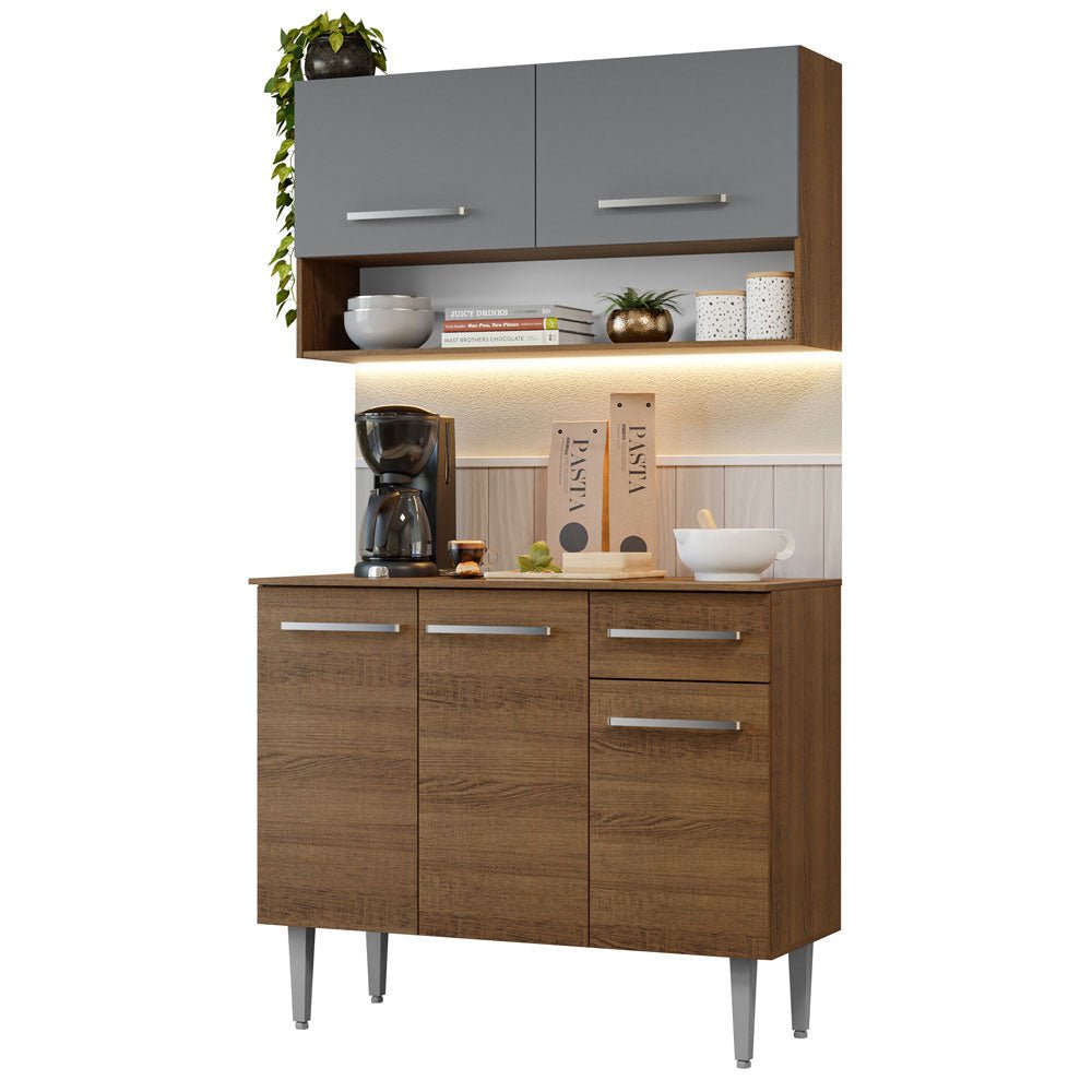 Cocina Integral Modular Emilly Marron y Gris 105x186cm con Mesón de Madera Aglomerada Mdp sin Estufa con Un Cajón y con Cinco Entrepaños - COCINAS | Bylmo