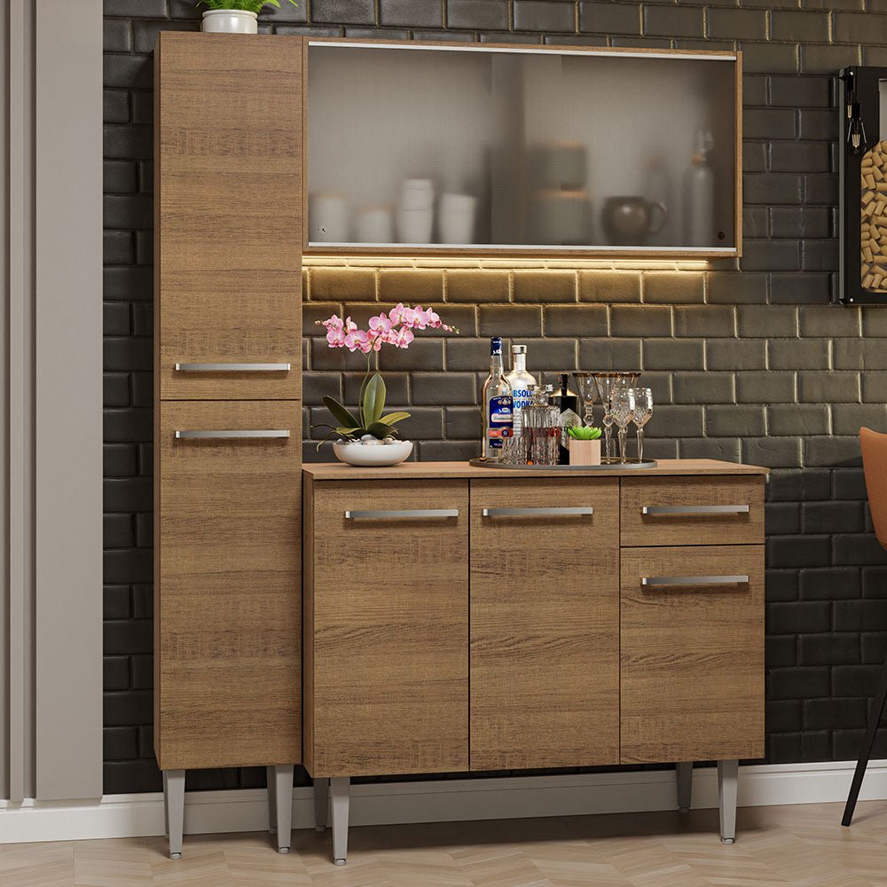 Cocina Integral Modular Emilly Marron 137x186cm con Mesón de Madera Aglomerada Mdp sin Estufa con Un Cajón con Nueve Entrepaños y Puerta Traslúcida Blanca - COCINAS | Bylmo