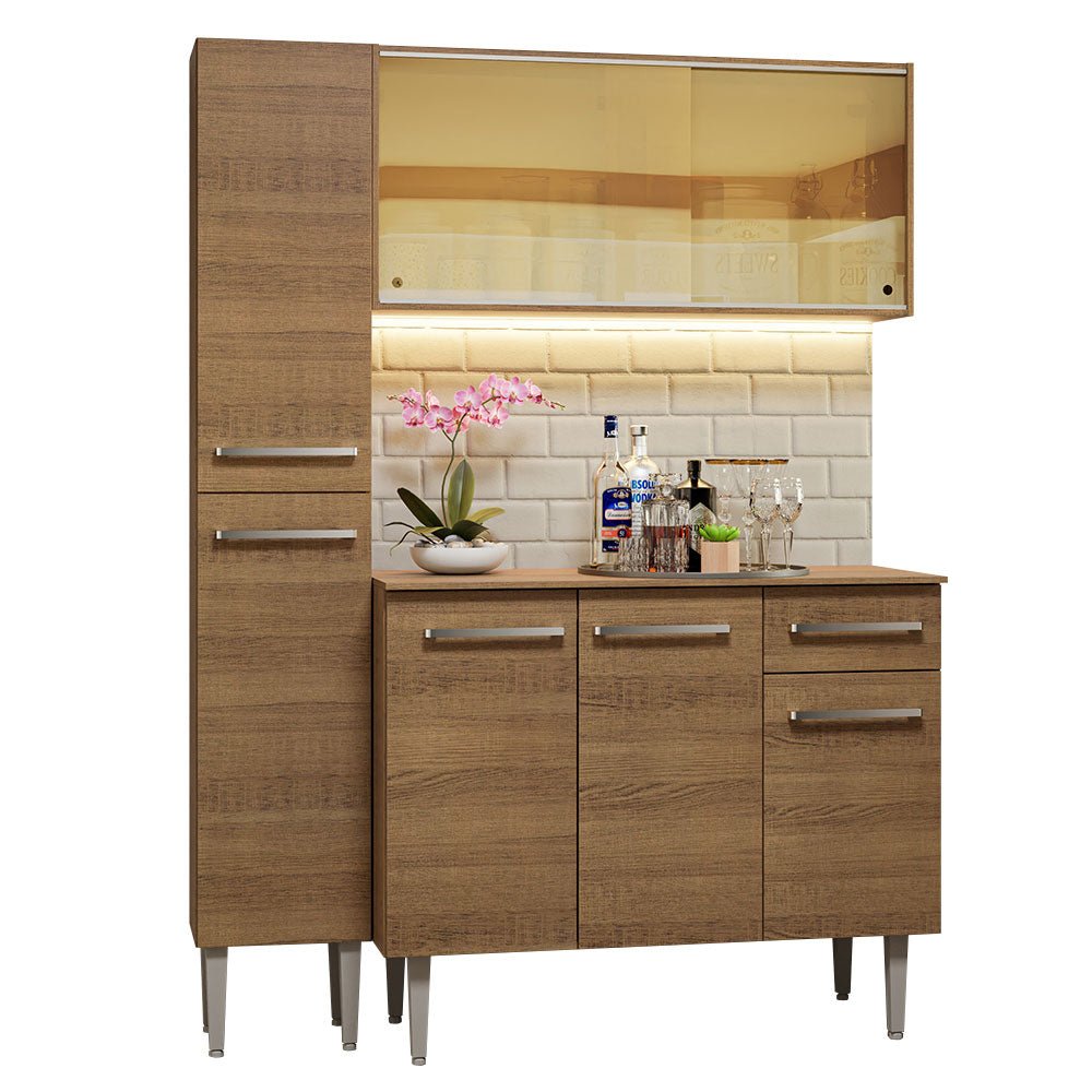 Cocina Integral Modular Emilly Marron 137x186cm con Mesón de Madera Aglomerada Mdp sin Estufa con Un Cajón y con Nueve Entrepaños y Puerta Traslúcida Amarilla - COCINAS | Bylmo