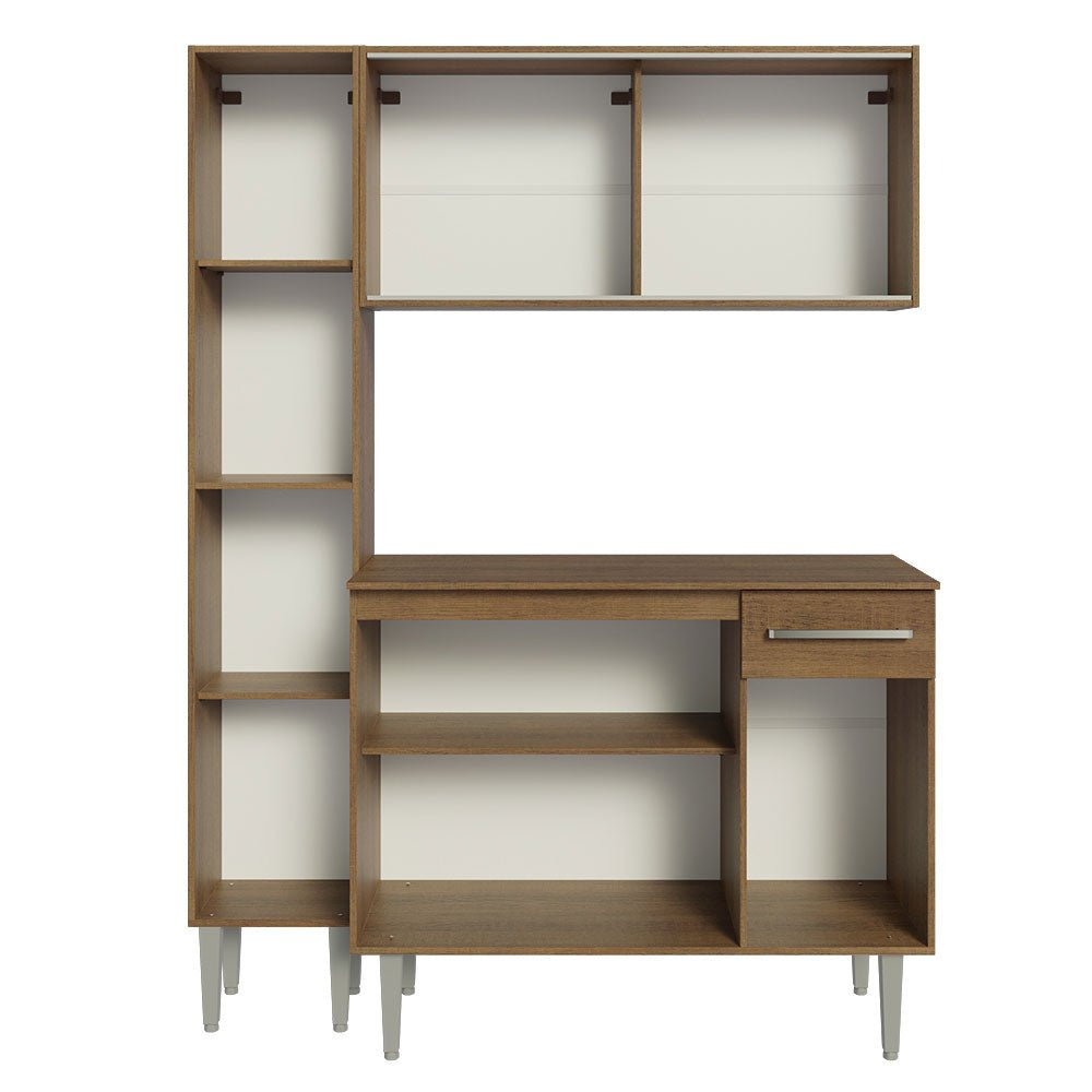Cocina Integral Modular Emilly Marron 137x186cm con Mesón de Madera Aglomerada Mdp sin Estufa con Un Cajón y con Nueve Entrepaños y Puerta Traslúcida Amarilla - COCINAS | Bylmo