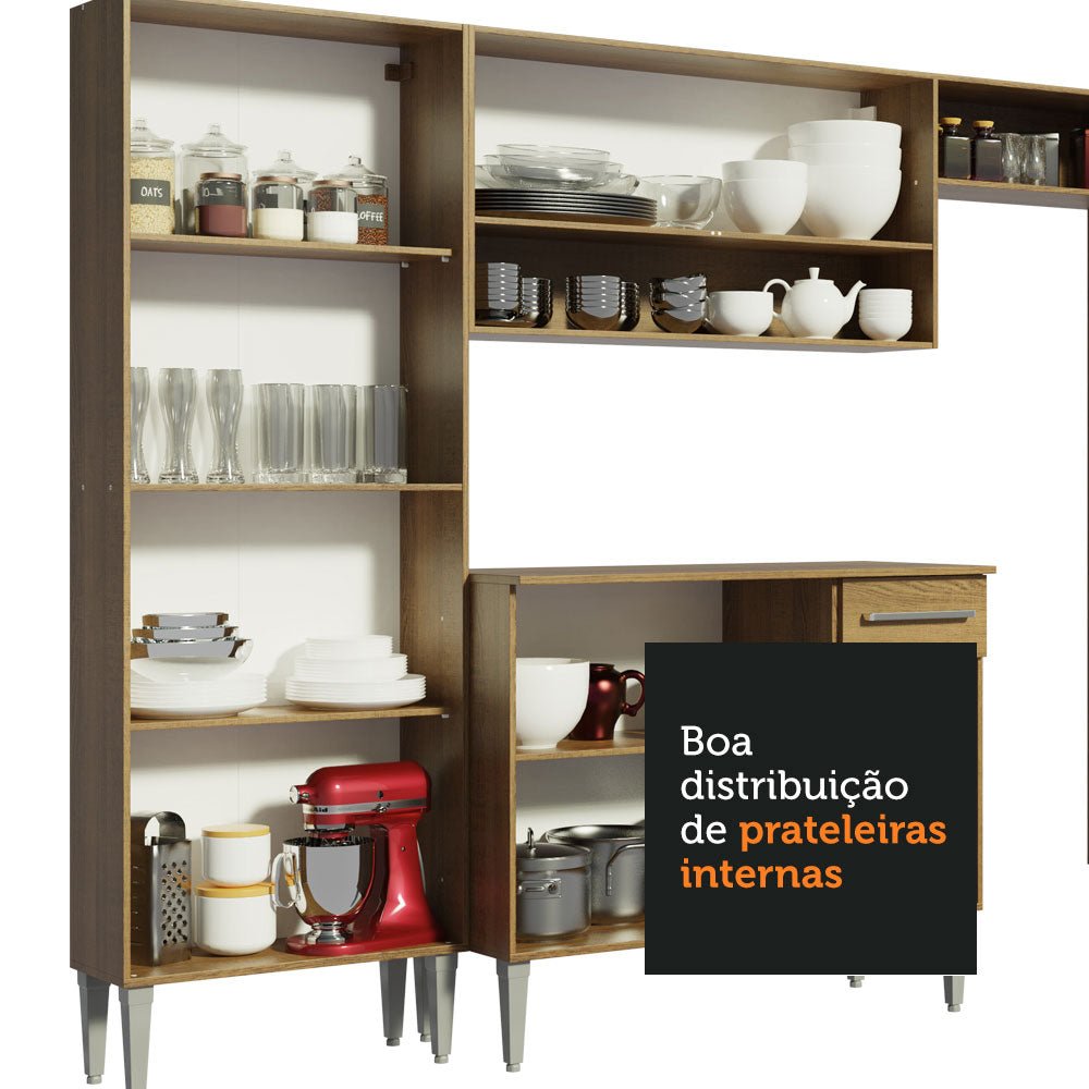 Cocina Integral Modular Emilly Marron 137x186cm con Mesón de Acero Inoxidable sin Estufa con Un Cajón con Puerta de Vidrio Punteado y con Nueve Entrepaños - COCINAS | Bylmo