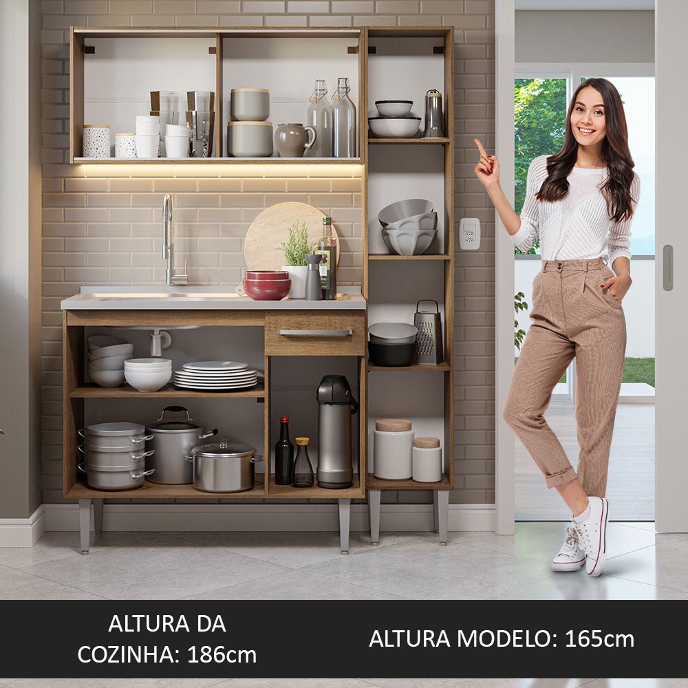 Cocina Integral Modular Emilly Marron 137x186cm con Mesón de Acero Inoxidable sin Estufa con Un Cajón y con Nueve Entrepaños - COCINAS | Bylmo