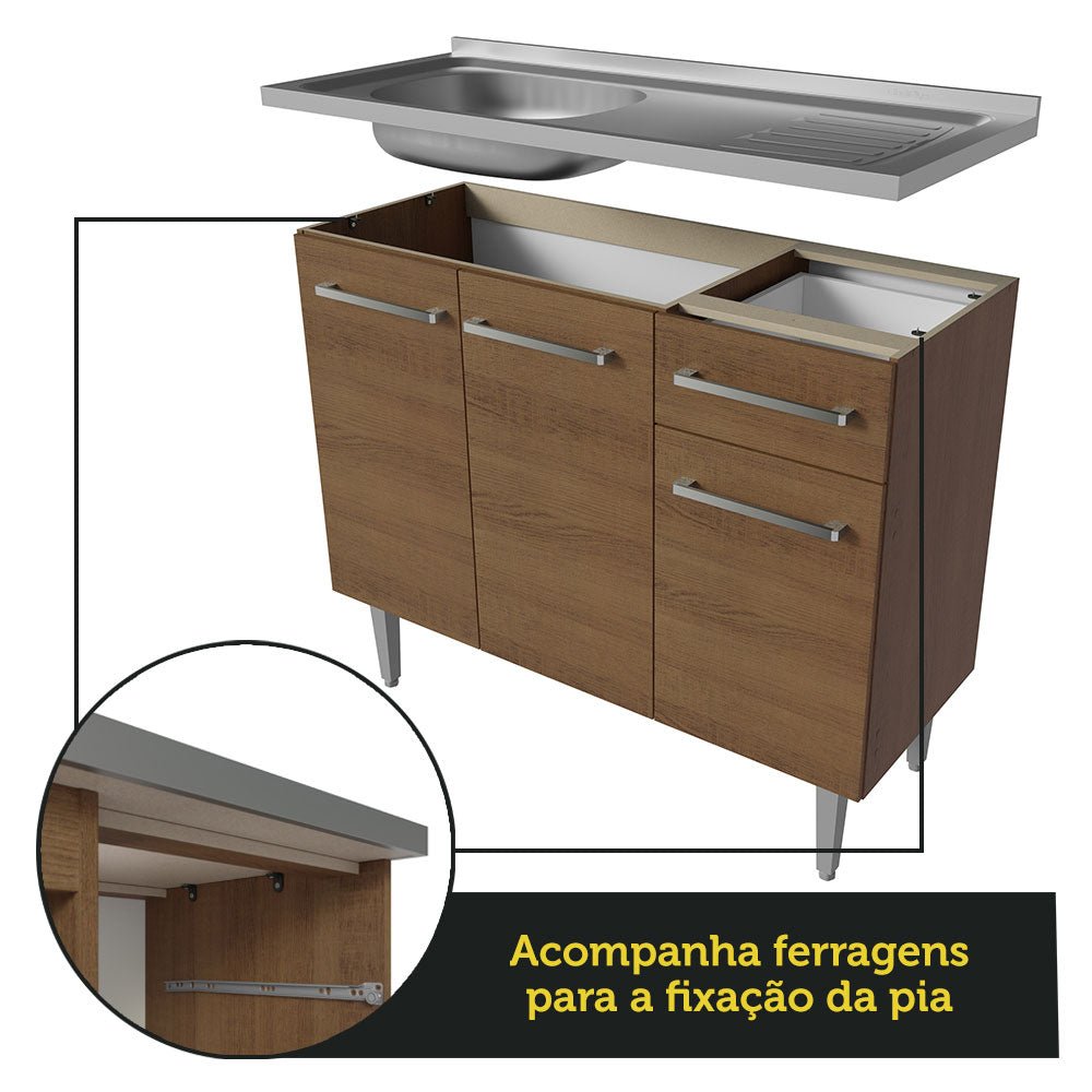 Cocina Integral Modular Emilly Marron 137x186cm con Mesón de Acero Inoxidable sin Estufa con Un Cajón y con Diez Entrepaños - COCINAS | Bylmo