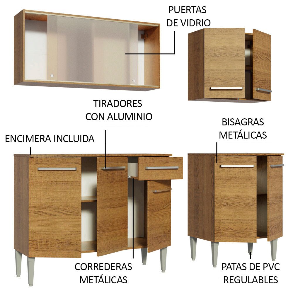 Cocina Integral Modular Emilly Box Marron 169x186cm con Mesón de Madera Aglomerada Mdp sin Estufa con Un Cajón y con Nueve Entrepaños - COCINAS | Bylmo