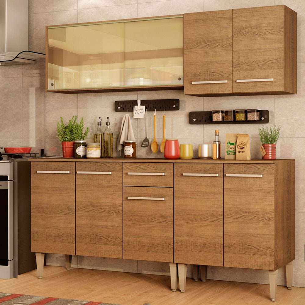 Cocina Integral Modular Emilly Drive Marron 169x186cm con Mesón de Madera Aglomerada Mdp sin Estufa con Un Cajón y con Nueve Entrepaños - COCINAS | Bylmo
