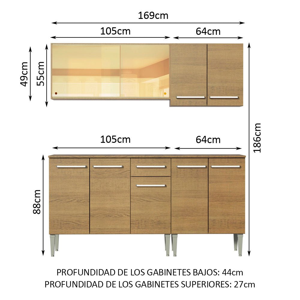 Cocina Integral Modular Emilly Drive Marron 169x186cm con Mesón de Madera Aglomerada Mdp sin Estufa con Un Cajón y con Nueve Entrepaños - COCINAS | Bylmo