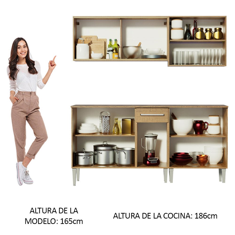 Cocina Integral Modular Emilly Drive Marron 169x186cm con Mesón de Madera Aglomerada Mdp sin Estufa con Un Cajón y con Nueve Entrepaños - COCINAS | Bylmo