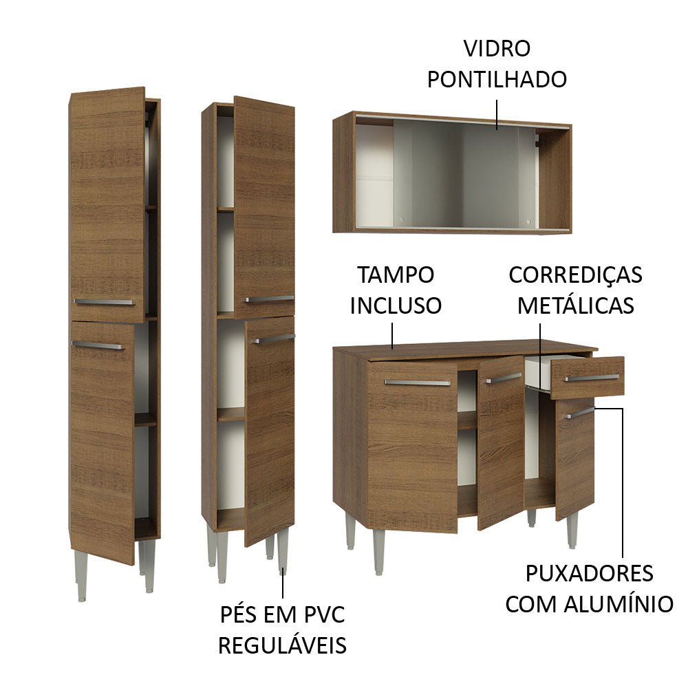 Cocina Integral Modular Emilly Marron 169x186cm con Mesón de Madera Aglomerada Mdp sin Estufa con Un Cajón Con Puerta de Vidrio Punteado y con Trece Entrepaños - COCINAS | Bylmo