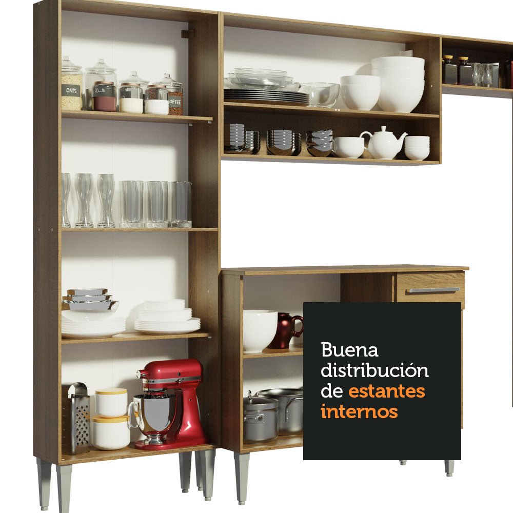 Cocina Integral Modular Emilly West Marron 201x186cm con Mesón de Madera Aglomerada Mdp sin Estufa con Un Cajón y con Trece Entrepaños - COCINAS | Bylmo