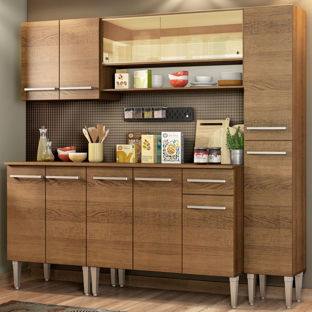 Cocina Integral Modular Emilly Sky Marron 201x186cm con Mesón de Madera Aglomerada Mdp sin Estufa con Un Cajón y con Catorce Entrepaños - COCINAS | Bylmo