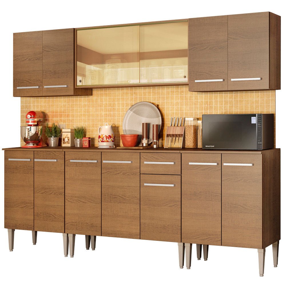 Cocina Integral Modular Emilly Fire Marron 233x186cm con Mesón de Madera Aglomerada Mdp sin Estufa con Un Cajón y con Trece Entrepaños - COCINAS | Bylmo