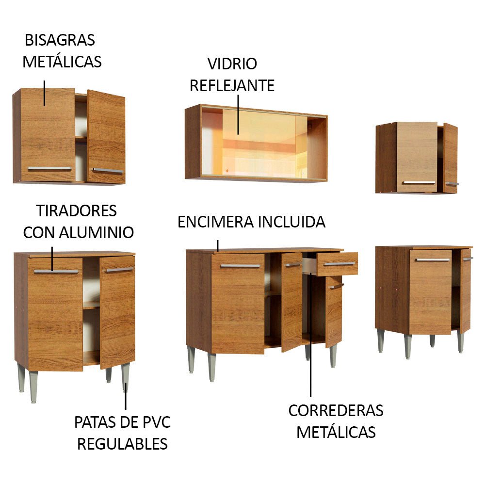 Cocina Integral Modular Emilly Fire Marron 233x186cm con Mesón de Madera Aglomerada Mdp sin Estufa con Un Cajón y con Trece Entrepaños - COCINAS | Bylmo