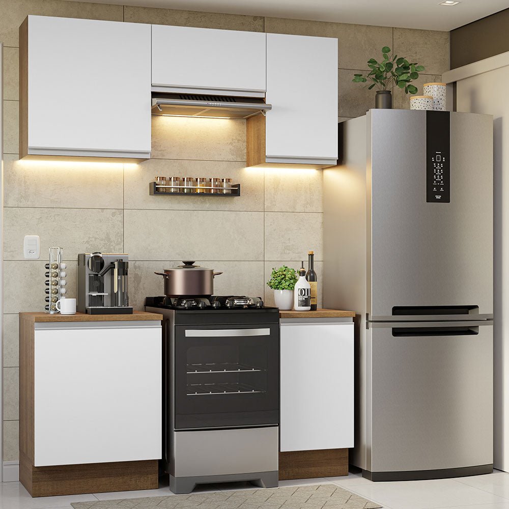 Cocina Integral Modular Glamy Marron y Blanco 160x225cm con Mesón de Madera Aglomerada MDP sin Estufa y con Cinco Puertas - COCINAS | Bylmo