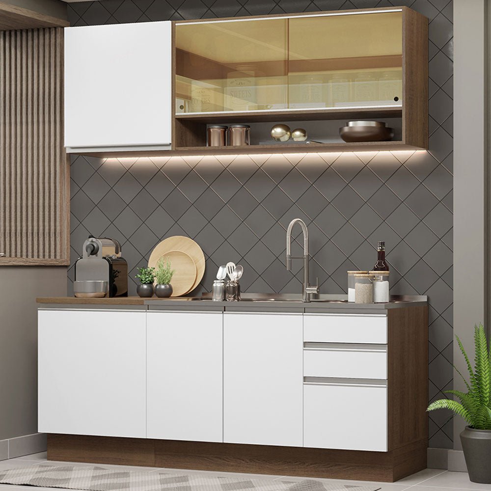 Cocina Integral Modular Glamy Marron y Blanco 180x225cm sin Mesón sin Estufa con Tres Cajones y con Once Entrepaños - COCINAS | Bylmo