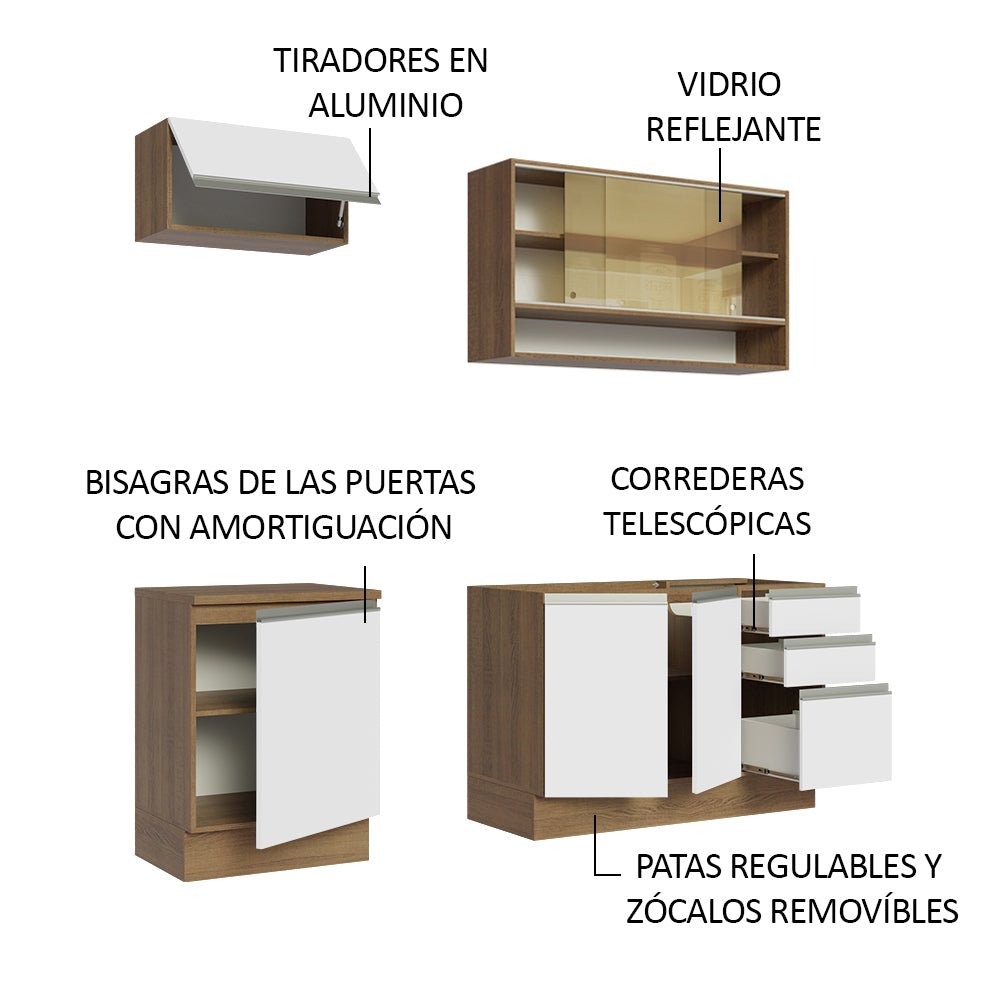 Cocina Integral Modular Glamy Marron y Blanco 180x225cm sin Mesón sin Estufa con Tres Cajones con Puerta de Vidrio y con Espacio para Extractor - COCINAS | Bylmo