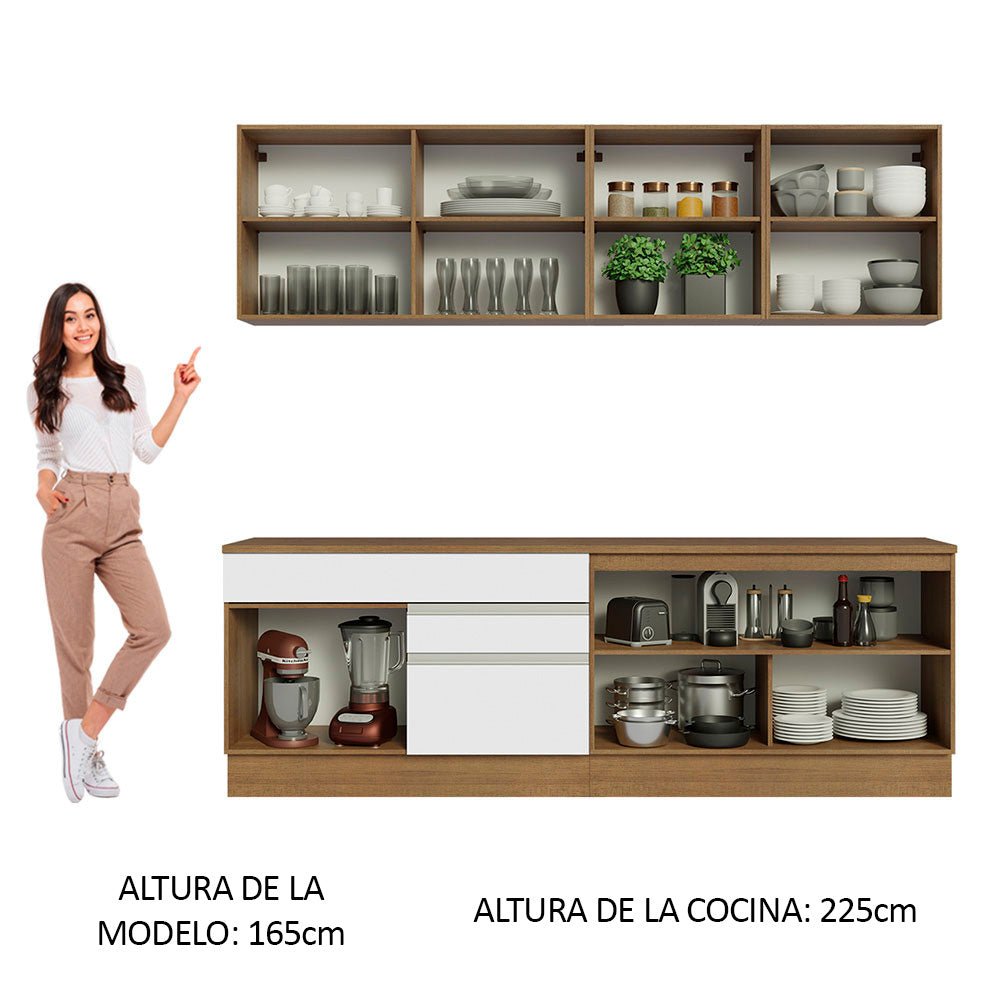 Cocina Integral Modular Glamy Marron y Blanco 240x225cm con Mesón de Madera Aglomerada Mdp sin Estufa con Dos Cajones y con Doce Entrepaños - COCINAS | Bylmo