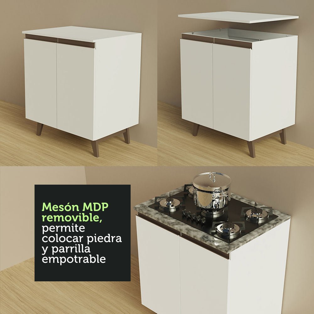 Cocina Integral Modular Reims Blanco 190x210cm con Mesón de Madera Aglomerada Mdp sin Estufa con Un Cajón y con Nueve Entrepaños - COCINAS | Bylmo