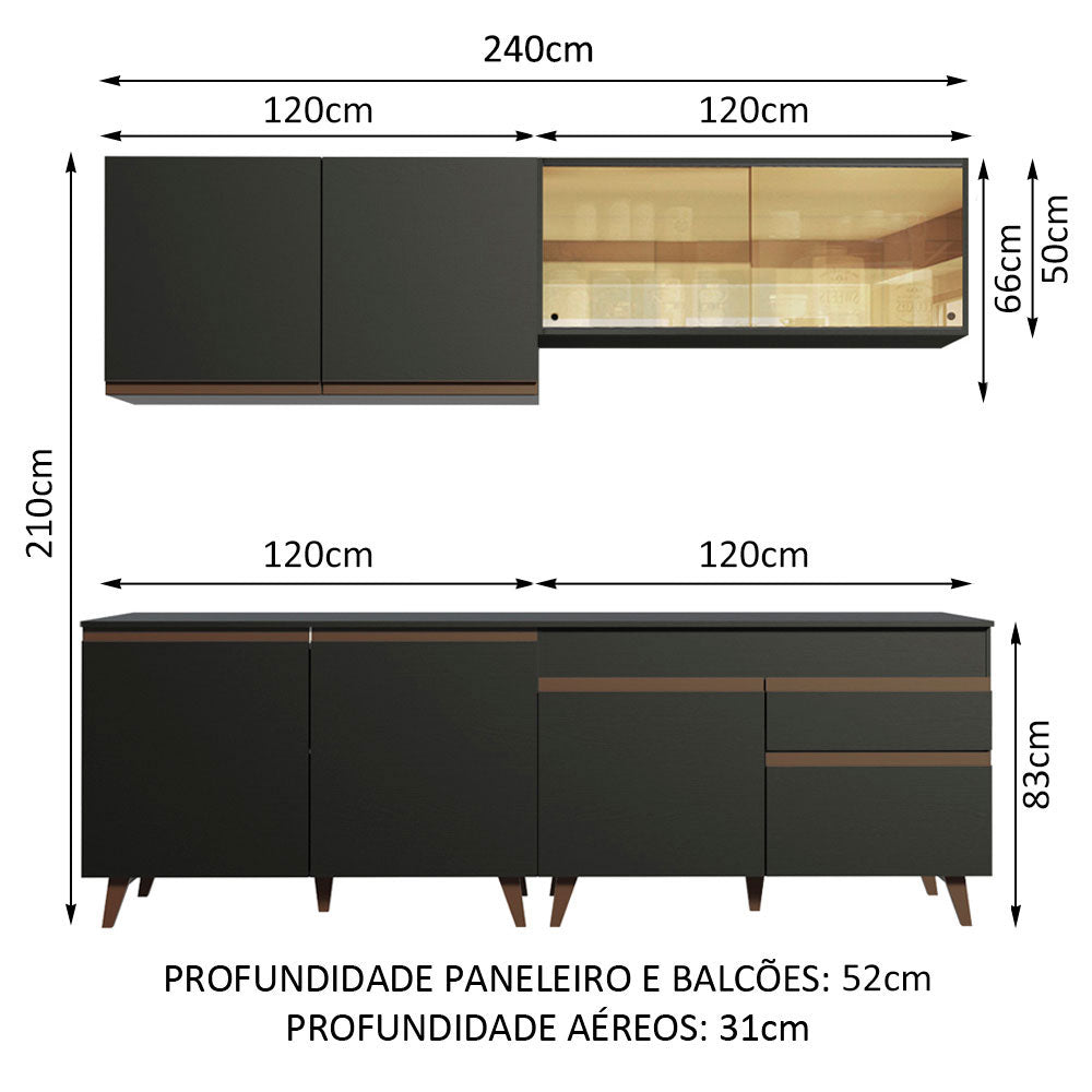 Cocina Integral Modular Reims Negro 240x210cm con Mesón de Madera Aglomerada Mdp sin Estufa con Un Cajón y con Trece Entrepaños - COCINAS | Bylmo