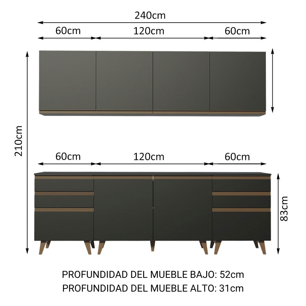 Cocina Integral Modular Reims Negro 240x210cm con Mesón de Madera Aglomerada Mdp sin Estufa con Seis Cajones y con Once Entrepaños - COCINAS | Bylmo