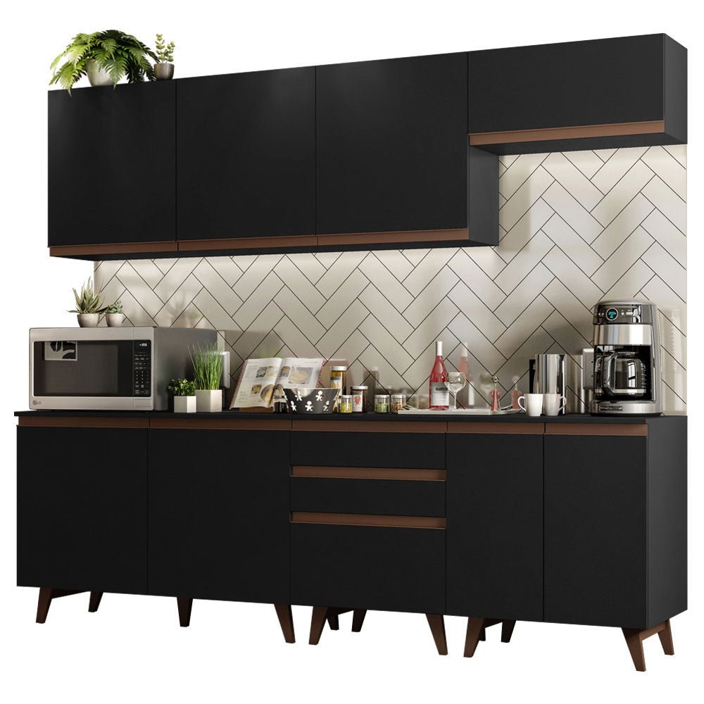 Cocina Integral Modular Reims Negro 250x210cm con Mesón de Madera Aglomerada Mdp sin Estufa con Tres Cajones y con Doce Entrepaños - COCINAS | Bylmo