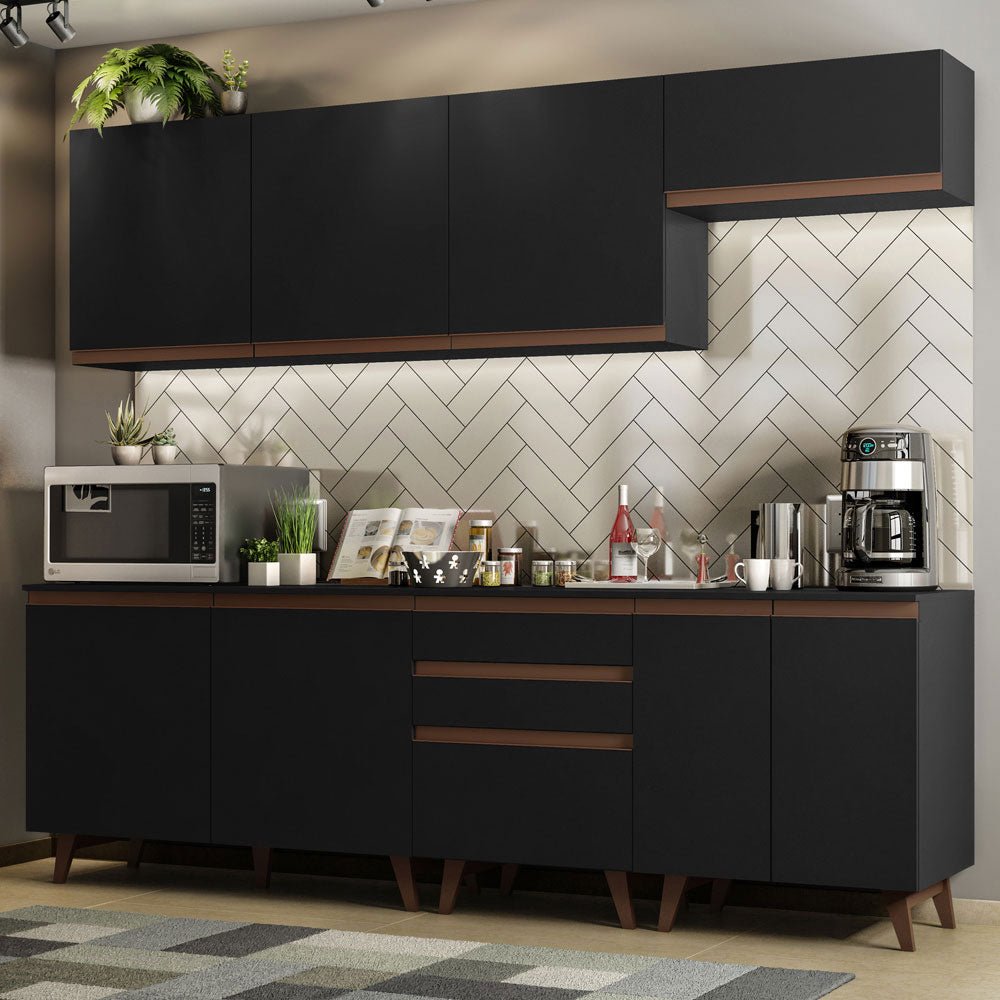 Cocina Integral Modular Reims Negro 250x210cm con Mesón de Madera Aglomerada Mdp sin Estufa con Tres Cajones y con Doce Entrepaños - COCINAS | Bylmo