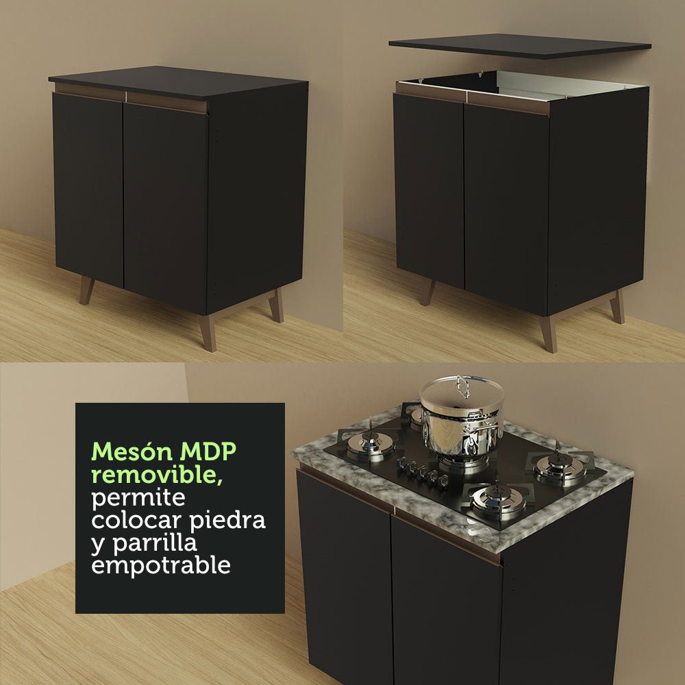 Cocina Integral Modular Reims Negro 250x210cm con Mesón de Madera Aglomerada Mdp sin Estufa con Tres Cajones y con Doce Entrepaños - COCINAS | Bylmo