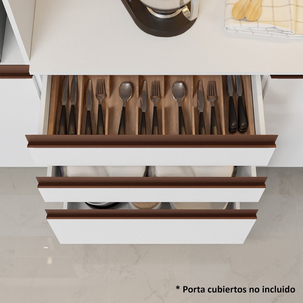 Cocina Integral Modular Reims Blanco 250x210cm con Mesón de Madera Aglomerada Mdp sin Estufa con Tres Cajones y con Diez Entrepaños - COCINAS | Bylmo