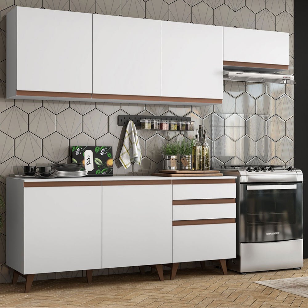 Cocina Integral Modular Reims Blanco 250x210cm con Mesón de Madera Aglomerada Mdp sin Estufa con Tres Cajones y con Diez Entrepaños - COCINAS | Bylmo
