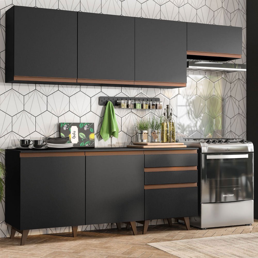 Cocina Integral Modular Reims Negro 250x210cm con Mesón de Madera Aglomerada Mdp sin Estufa con Tres Cajones y con Diez Entrepaños - COCINAS | Bylmo