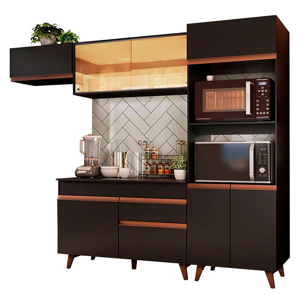 Cocina Integral Modular Reims Negro 260x210cm con Mesón de Madera Aglomerada Mdp sin Estufa con Un Cajón y con Doce Entrepaños - COCINAS | Bylmo