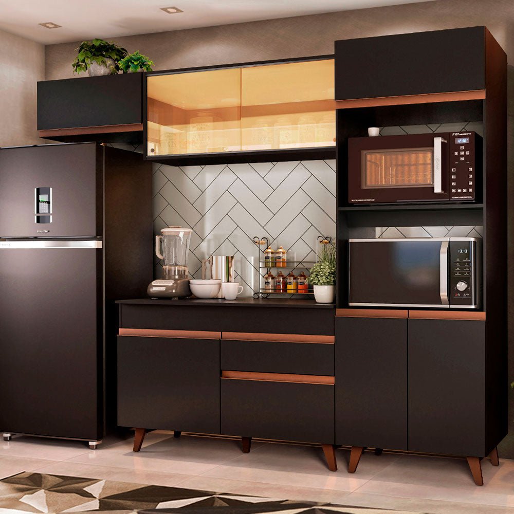 Cocina Integral Modular Reims Negro 260x210cm con Mesón de Madera Aglomerada Mdp sin Estufa con Un Cajón y con Doce Entrepaños - COCINAS | Bylmo