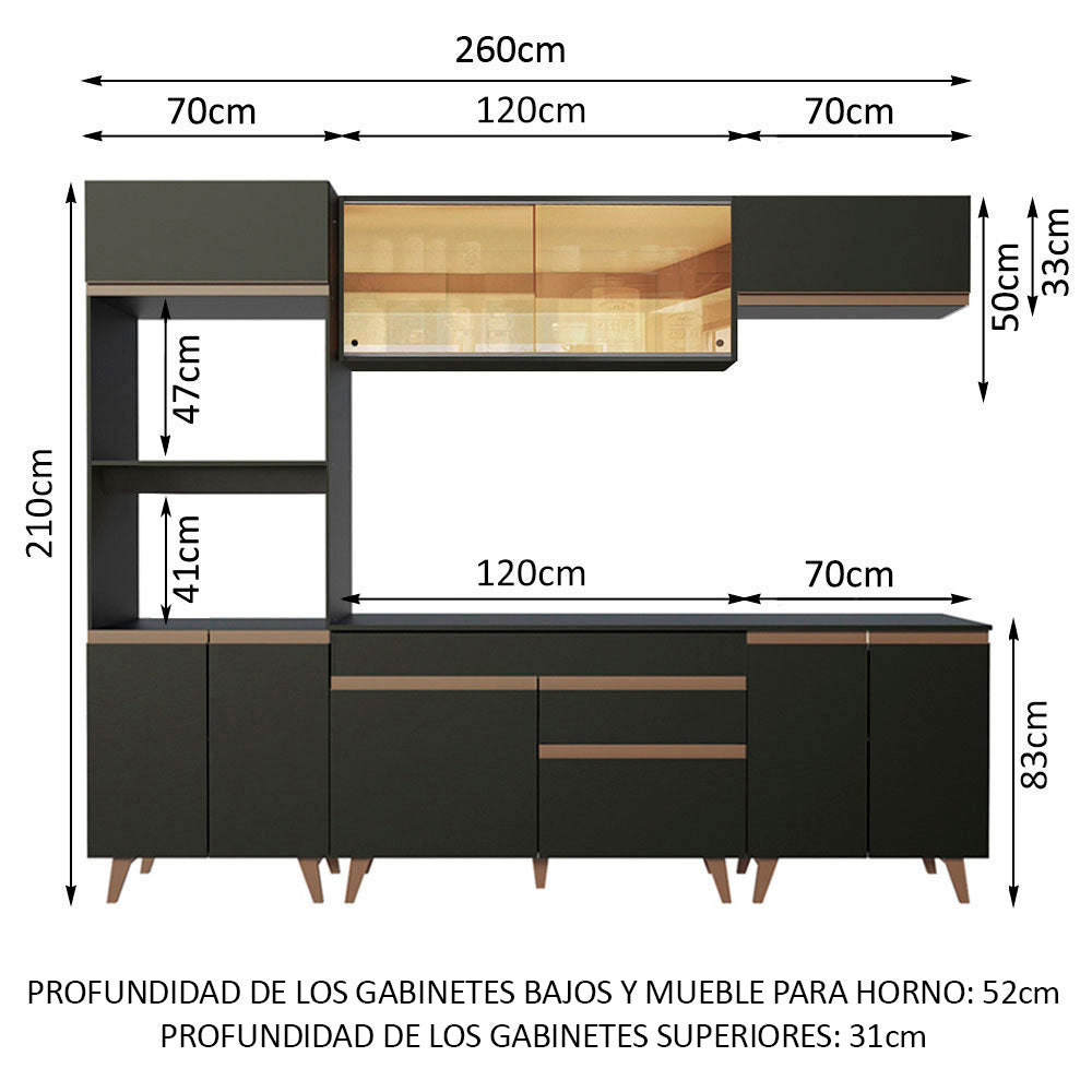 Cocina Integral Modular Reims Negro 260x210cm con Mesón de Madera Aglomerada Mdp sin Estufa con Un Cajón y con Catorce Entrepaños - COCINAS | Bylmo