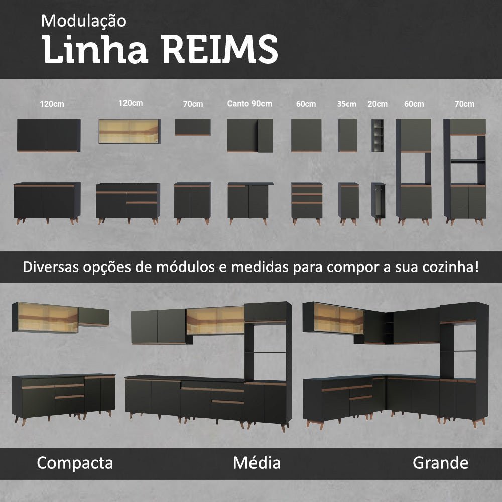Cocina Integral Modular Reims Negro 260x210cm con Mesón de Madera Aglomerada Mdp sin Estufa con Un Cajón y con Diez Entrepaños - COCINAS | Bylmo