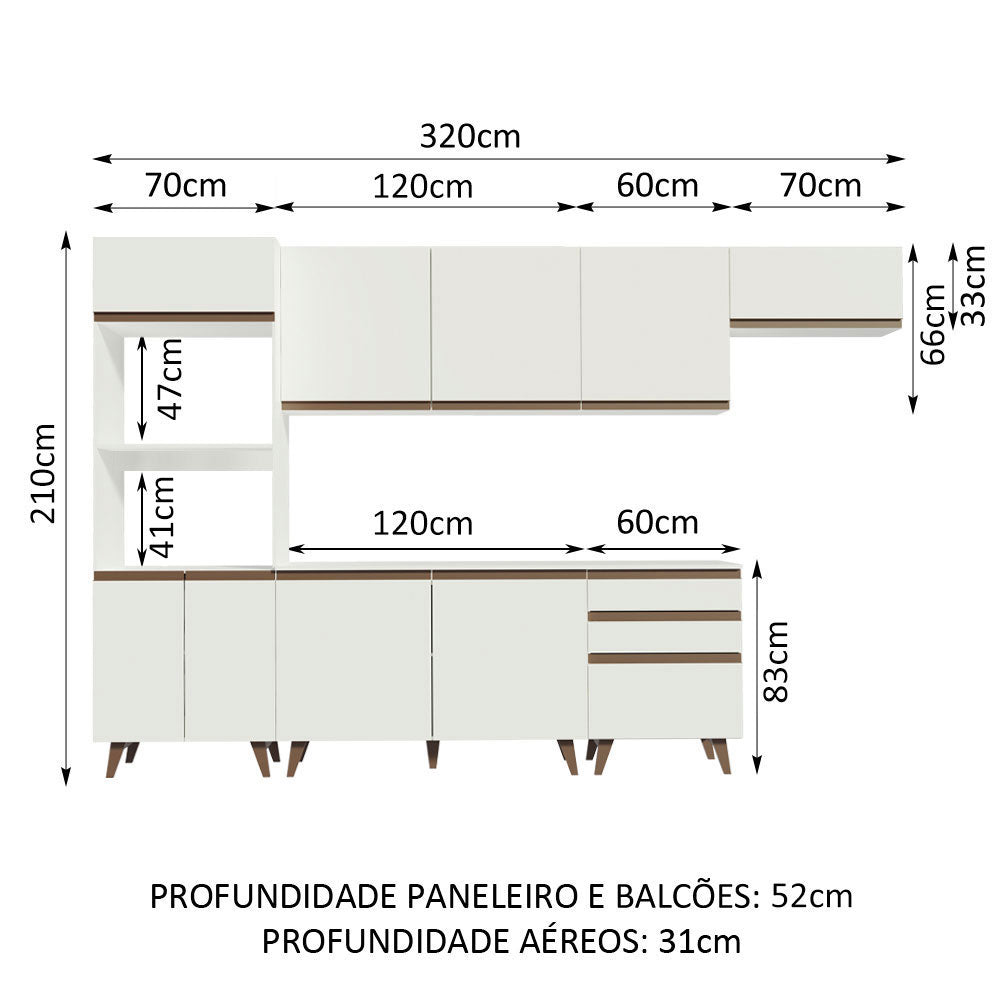 Cocina Integral Modular Reims Blanco 320x210cm con Mesón de Madera Aglomerada Mdp sin Estufa con Tres Cajones y con Quince Entrepaños - COCINAS | Bylmo