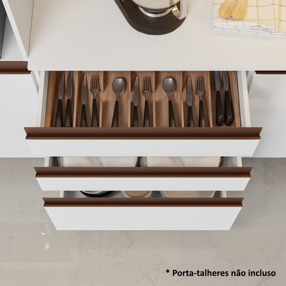 Cocina Integral Modular Reims Blanco 320x210cm con Mesón de Madera Aglomerada Mdp sin Estufa con Tres Cajones y con Quince Entrepaños - COCINAS | Bylmo