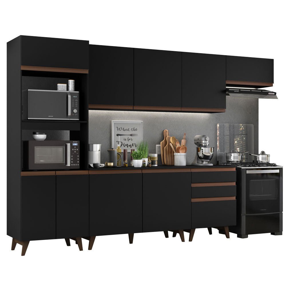 Cocina Integral Modular Reims Negro 320x210cm con Mesón de Madera Aglomerada Mdp sin Estufa con Tres Cajones y con Quince Entrepaños - COCINAS | Bylmo
