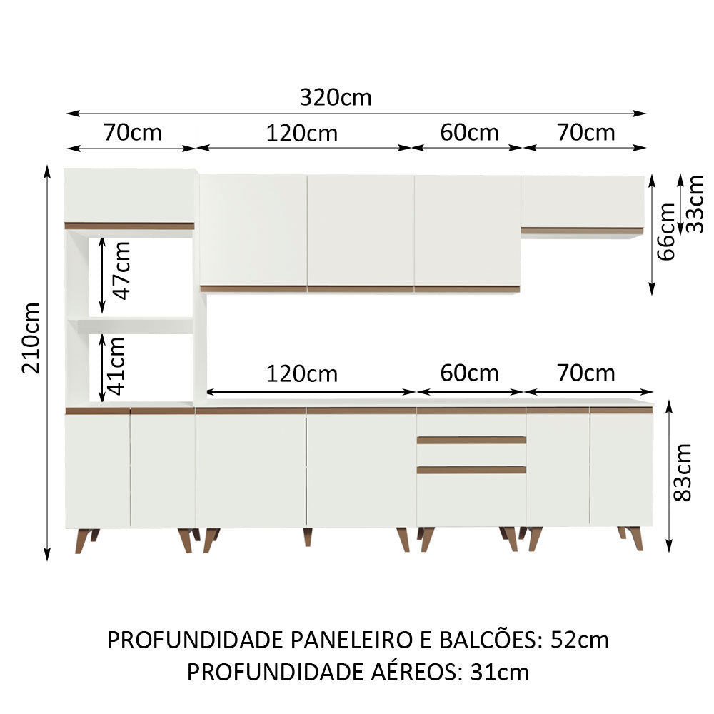 Cocina Integral Modular Reims Blanco 320x210cm con Mesón de Madera Aglomerada Mdp sin Estufa con Tres Cajones y con Diecisiete Entrepaños - COCINAS | Bylmo