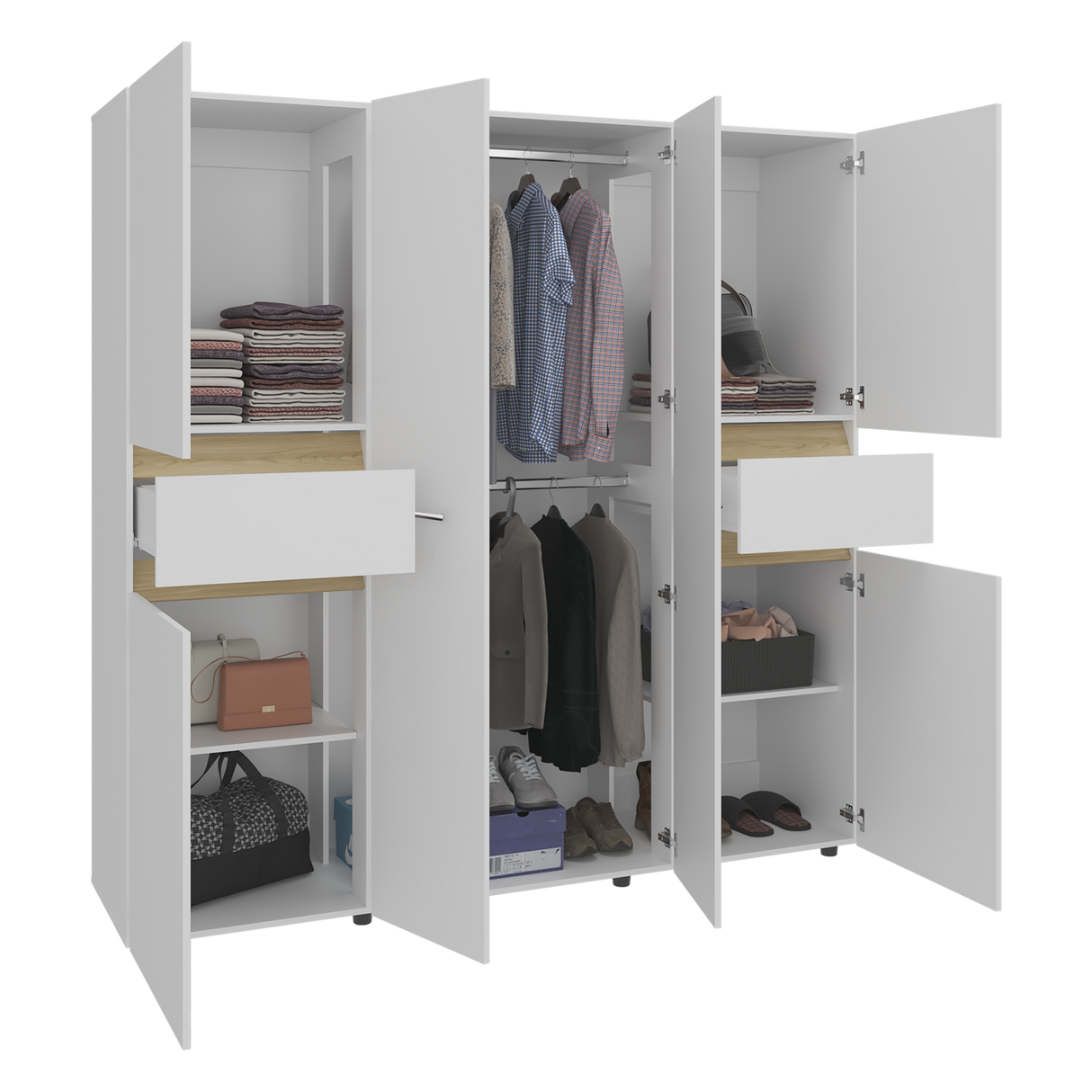 Closet Berino Blanco y Fresno Europeo 200x200cm con Seis Puertas y Diez Compartimientos - CLOSETS | Bylmo