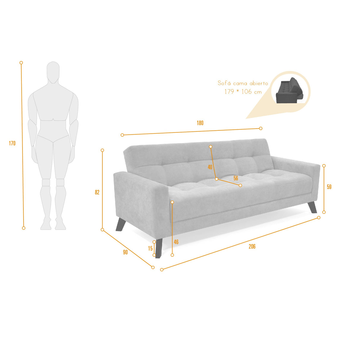 Sofá Cama Sahara Plata 206x82cm De Tres Puestos Reclinable y con Apoya Brazos - SOFAS Y POLTRONAS | Bylmo