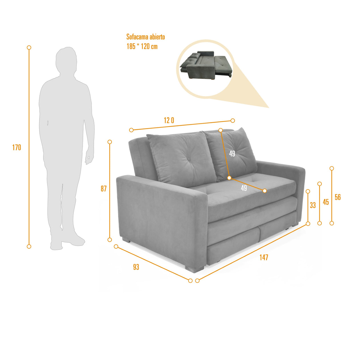 Sofá Cama Torino Gris 147x87cm De Dos Puestos Reclinable y con Apoya Brazos - SOFAS Y POLTRONAS | Bylmo