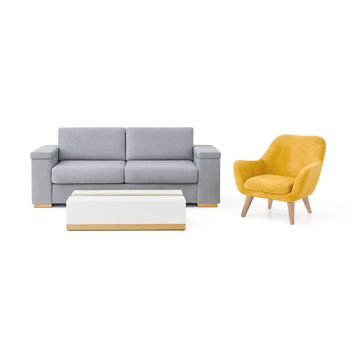 Sala Montenegro Plata y Mostaza 207x82cm con Sofacama Poltrona y Mesa de Centro - SOFAS Y POLTRONAS | Bylmo