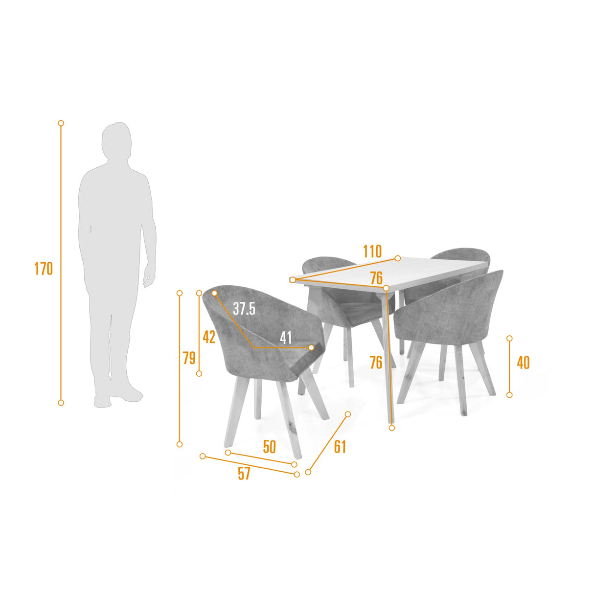 Set Comedor Lugo Matiz Oasis 110x76cm Cuadrado de Cuatro Puestos con Cuatro Sillas Noto Gris - COMEDORES | Bylmo
