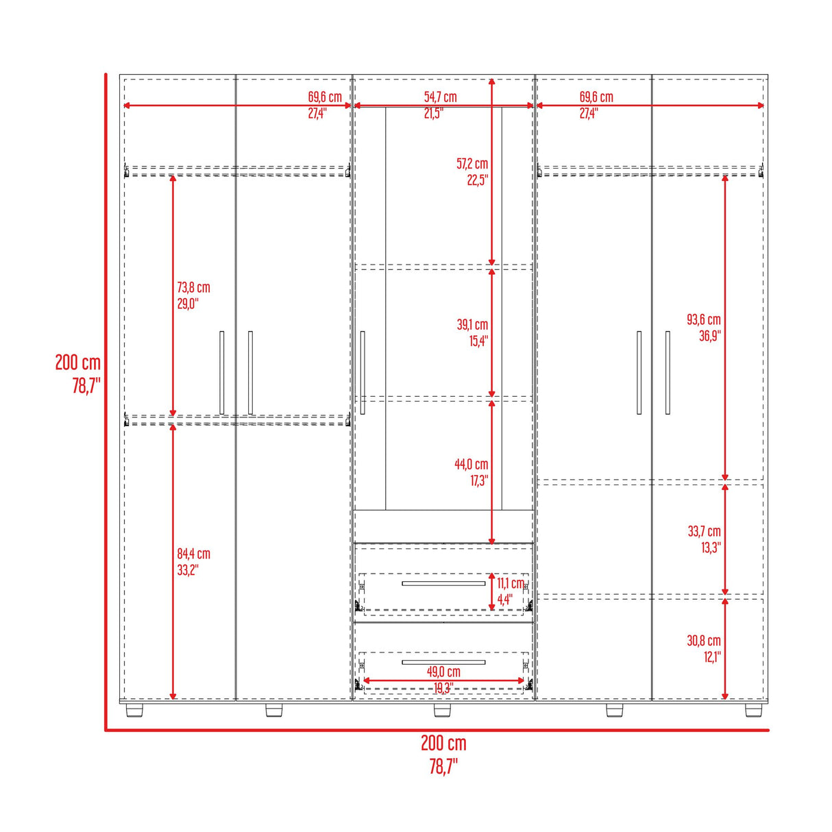 Closet Grayson Fresno Europeo 230x200cm con Dos Cajones con Cinco Puertas y con Espejo - CLOSETS | Bylmo