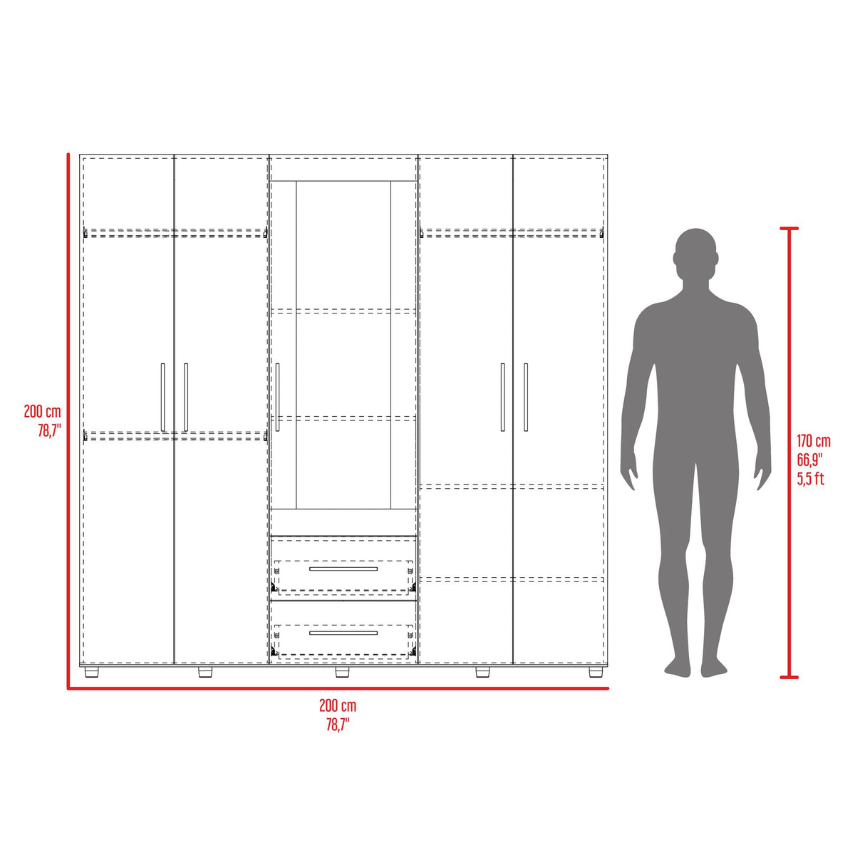 Closet Grayson Fresno Europeo 230x200cm con Dos Cajones con Cinco Puertas y con Espejo - CLOSETS | Bylmo