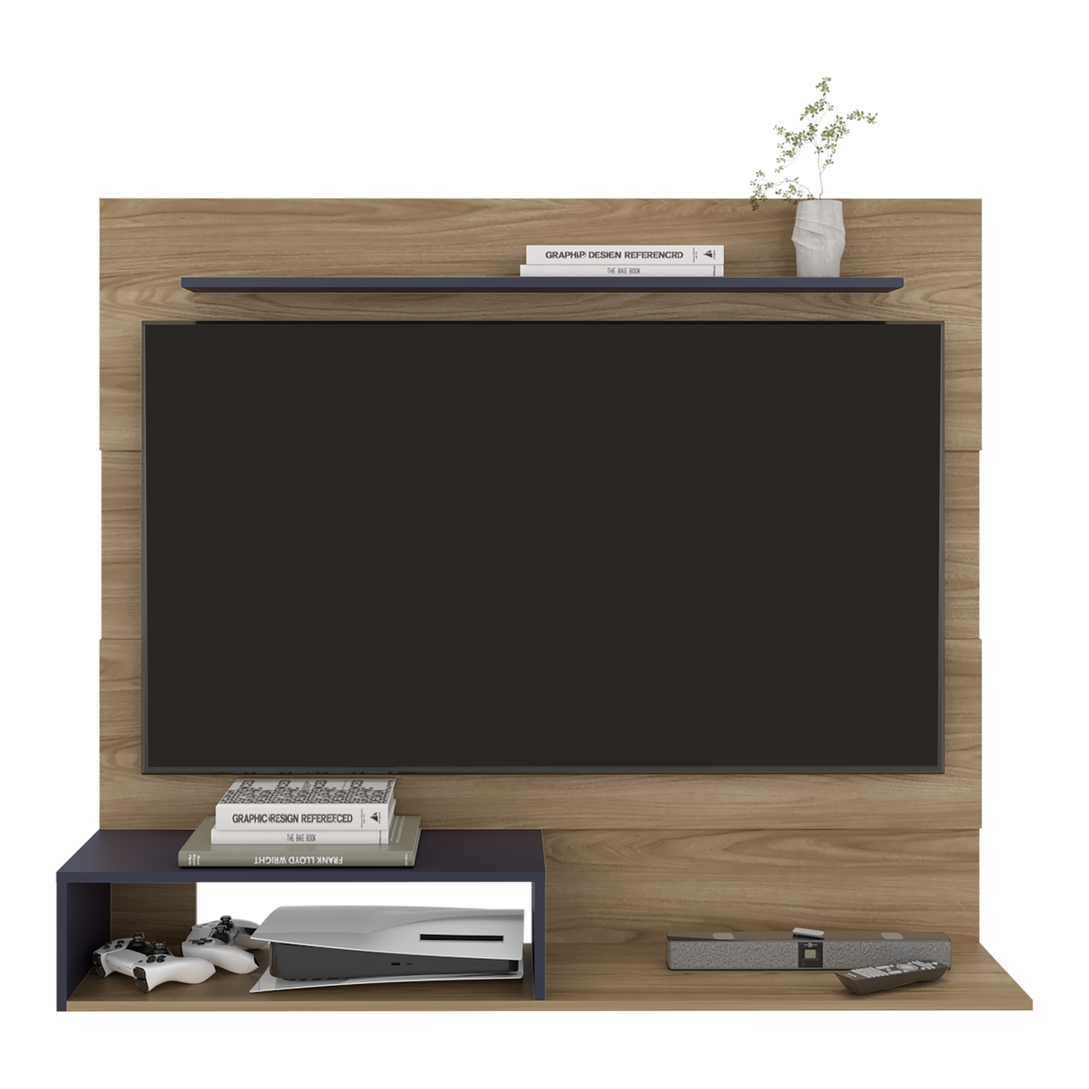 Panel de TV Beijing Fresno Europeo y Blanco 140x120cm Flotante para TV Hastas 55" Pulgadas con Dos Compartimientos y Ranuras para Cable - MUEBLES DE TV | Bylmo